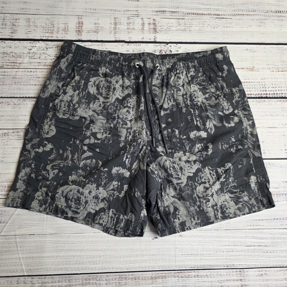 VRST Mens Large Monochromatic Floral Gray 7 Inch Easy Short Drawstring‎ Waist